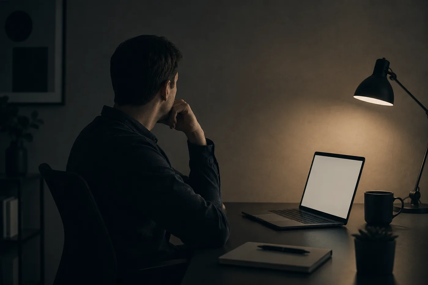A person turning away from a glowing laptop screen mid-task, no longer watching what it outputs