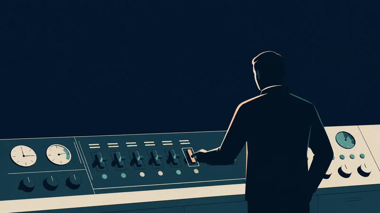 A manager at a control panel overriding a single automated switch by hand, the rest left on auto