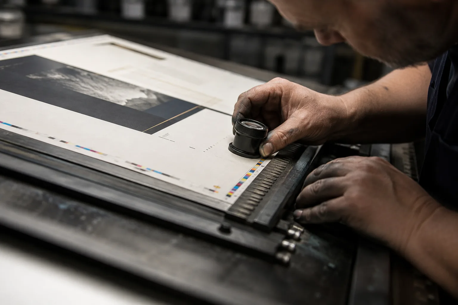 A printer's hands holding a loupe to a press proof, checking registration on a sheet that already looks finished