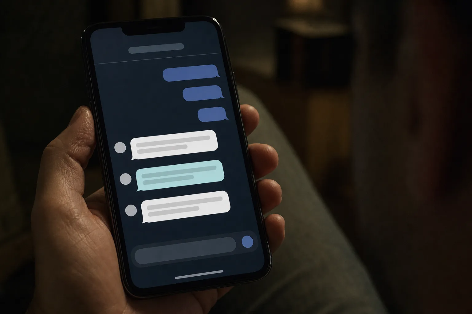 A phone chat thread showing the same automated reply repeated three times in a row while the customer's own messages get shorter