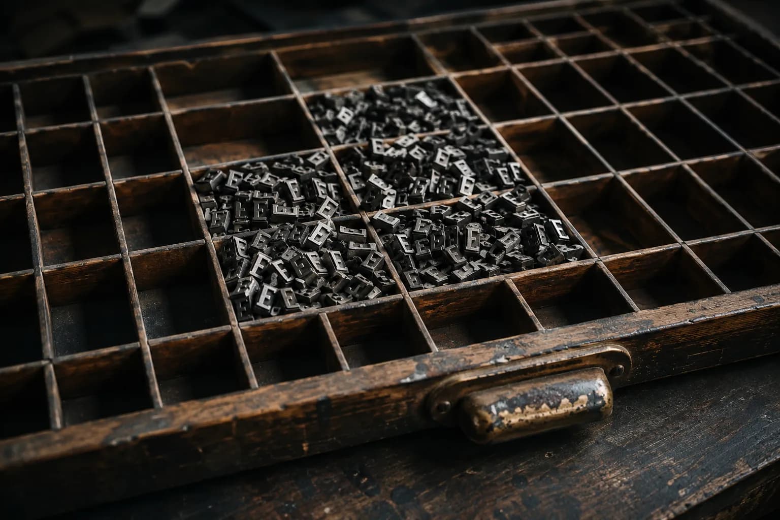 A letterpress type case with most compartments swept empty and the center ones overflowing with hundreds of the same letter