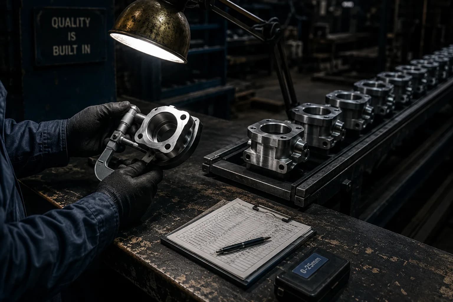 A row of finished metal parts moving down a production line, one lifted out and measured with a micrometer under an inspection lamp while the rest continue past unchecked
