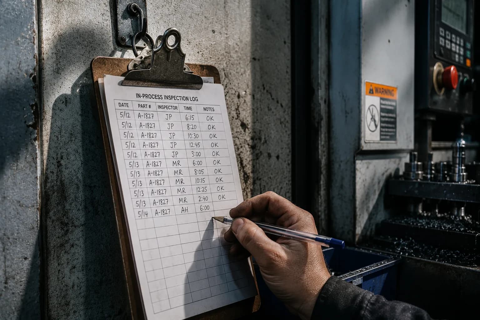 A handwritten in-process inspection log on a clipboard beside a machine, columns of dates, part numbers, inspector initials and times filled in by hand, the rows below still blank